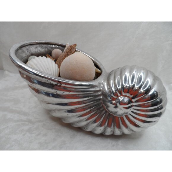 Nautilus Shell Metal Decorative Bowl With Seashells Silver Toned Coastal Decor - Picture 1 of 9